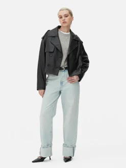 Cropped Faux Leather Trench Coat|Primark Outlet