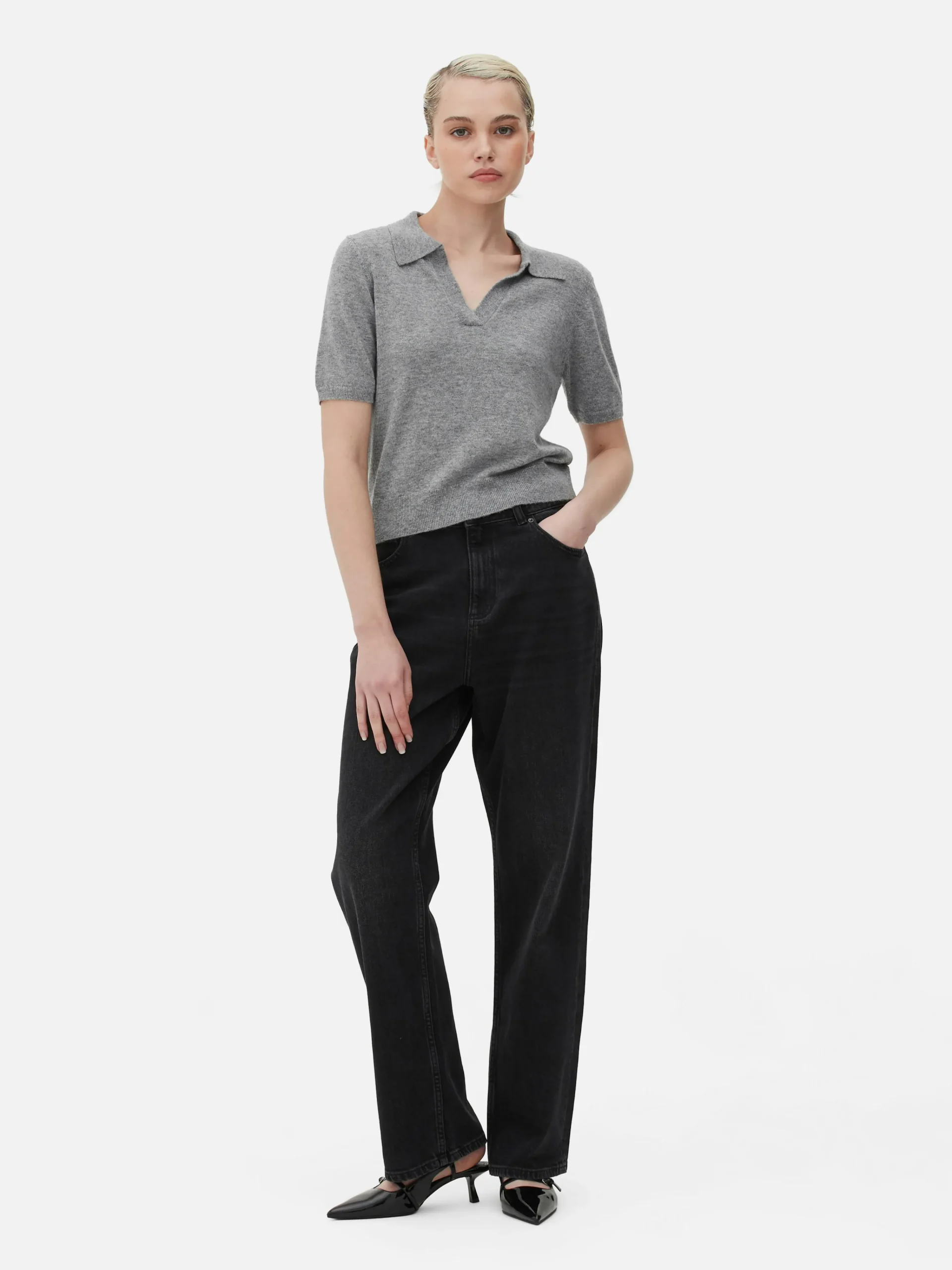Fine Knit Collared Short Sleeve Top|Primark