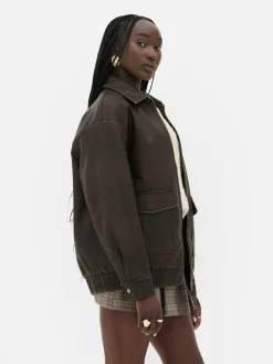 Rita Ora Faux Leather Distressed Bomber Jacket|Primark New