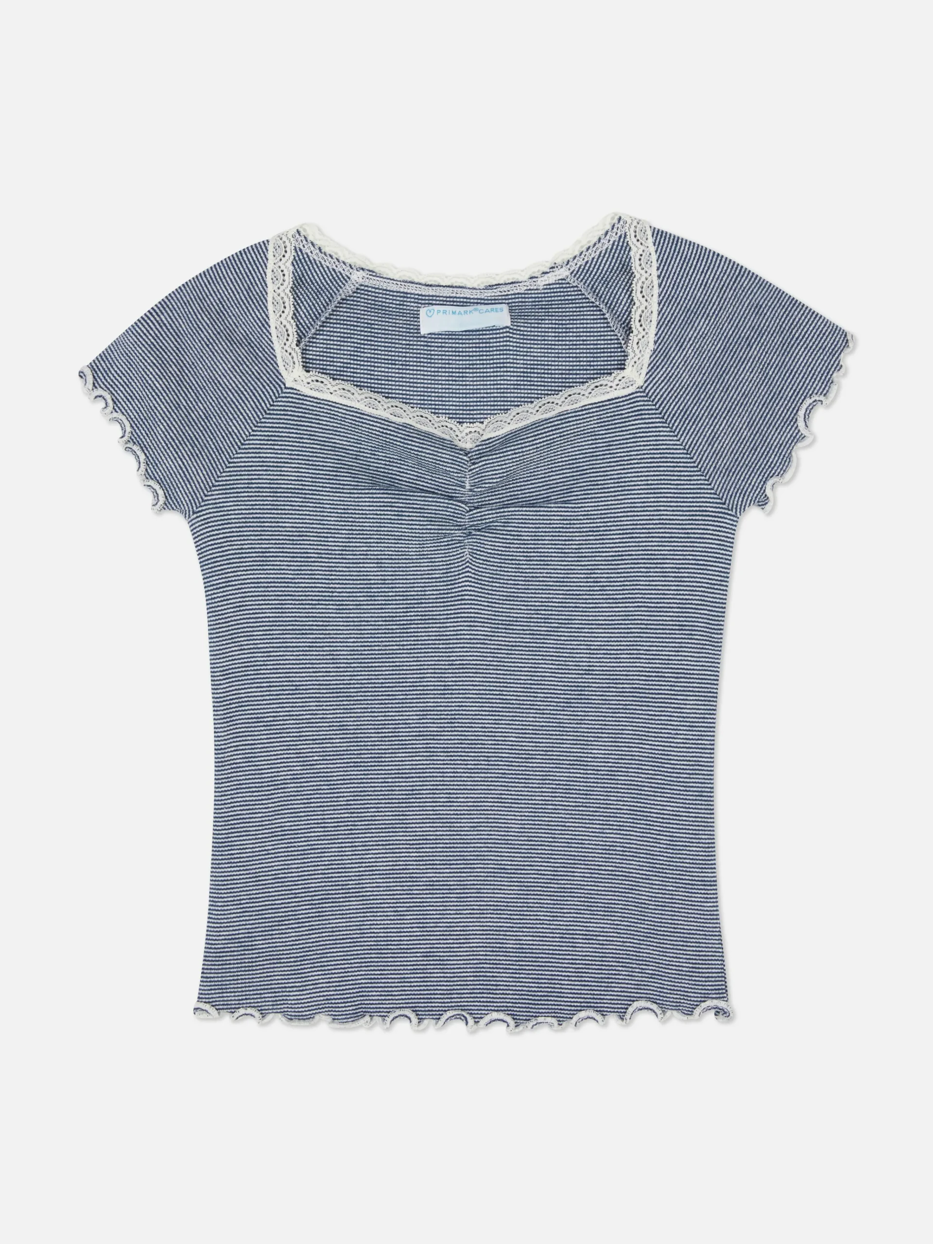 Striped Lace Trim T-Shirt|Primark New