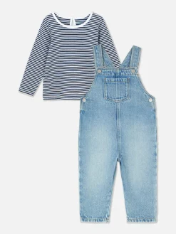 Striped Long Sleeve T-Shirt And Denim Overalls Set|Primark Online