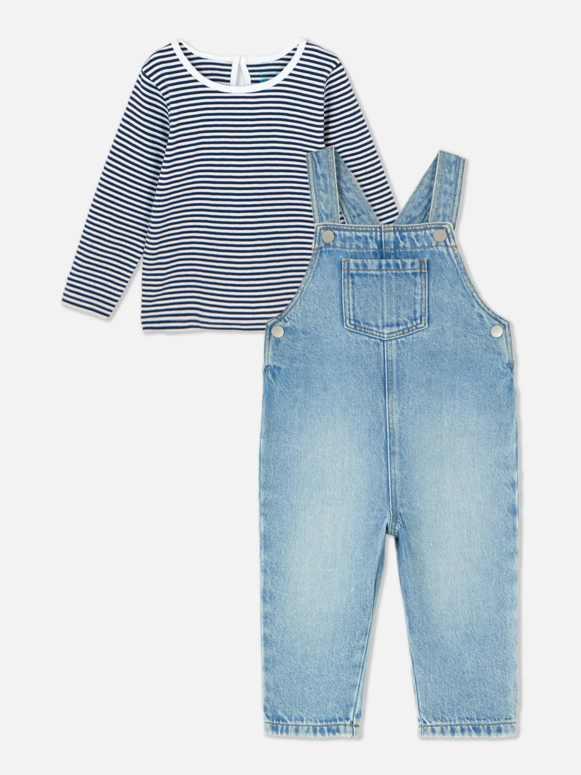 Striped Long Sleeve T-Shirt And Denim Overalls Set|Primark Online