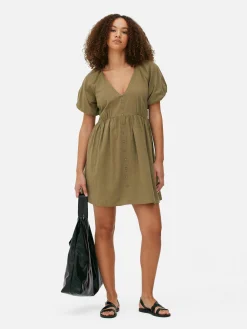 V-Neck Puff Sleeve Smock Dress|Primark Outlet